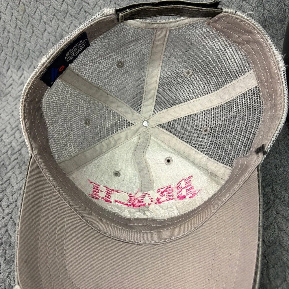 HG Trucker Hat Beach Please Womens OSFM Charcoal Grey Pink Distressed Mesh Cap